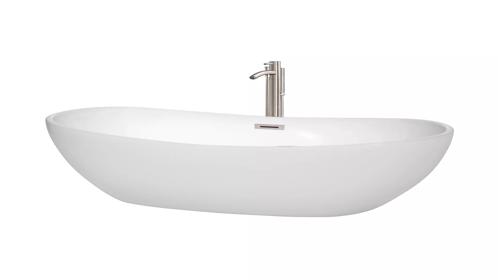 Rebecca 65 Inch Freestanding Bathtub in White with Floor Mounted Faucet, Drain and Overflow Trim in Brushed Nickel material