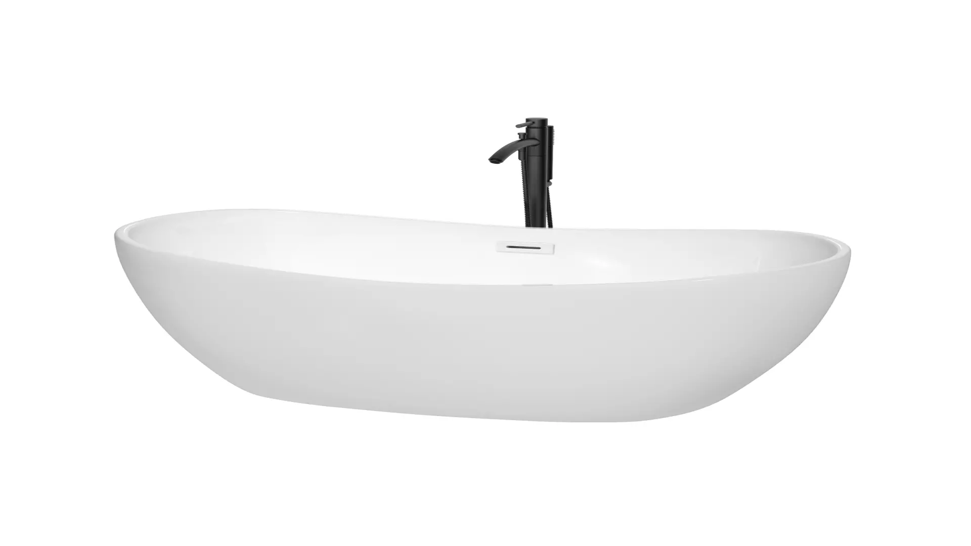 Rebecca 60 Inch Freestanding Bathtub in White with Shiny White Trim and Floor Mounted Faucet in Matte Black material