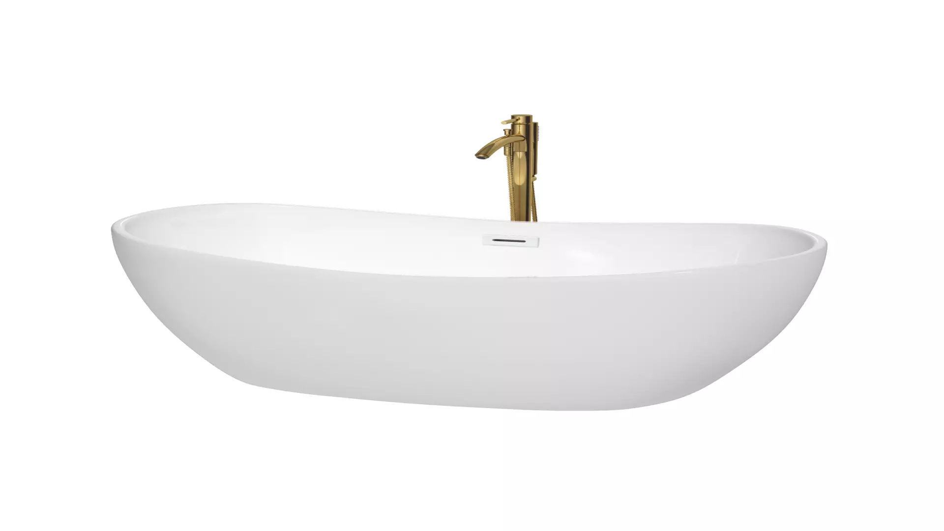Rebecca 60 Inch Freestanding Bathtub in White with Shiny White Trim and Floor Mounted Faucet in Brushed Gold material
