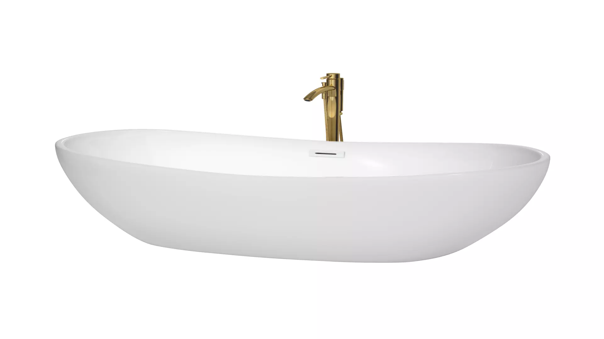 Rebecca 65 Inch Freestanding Bathtub in White with Shiny White Trim and Floor Mounted Faucet in Brushed Gold material