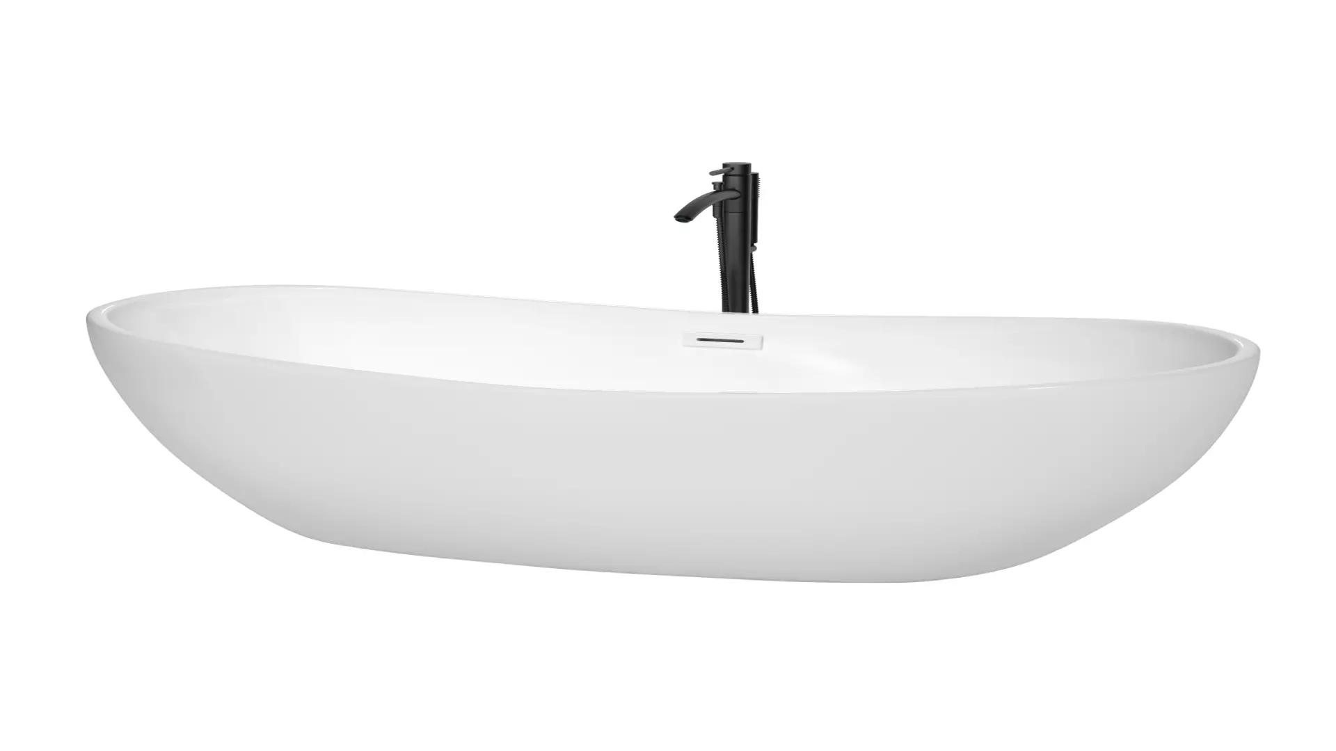 Rebecca 70 Inch Freestanding Bathtub in White with Shiny White Trim and Floor Mounted Faucet in Matte Black material
