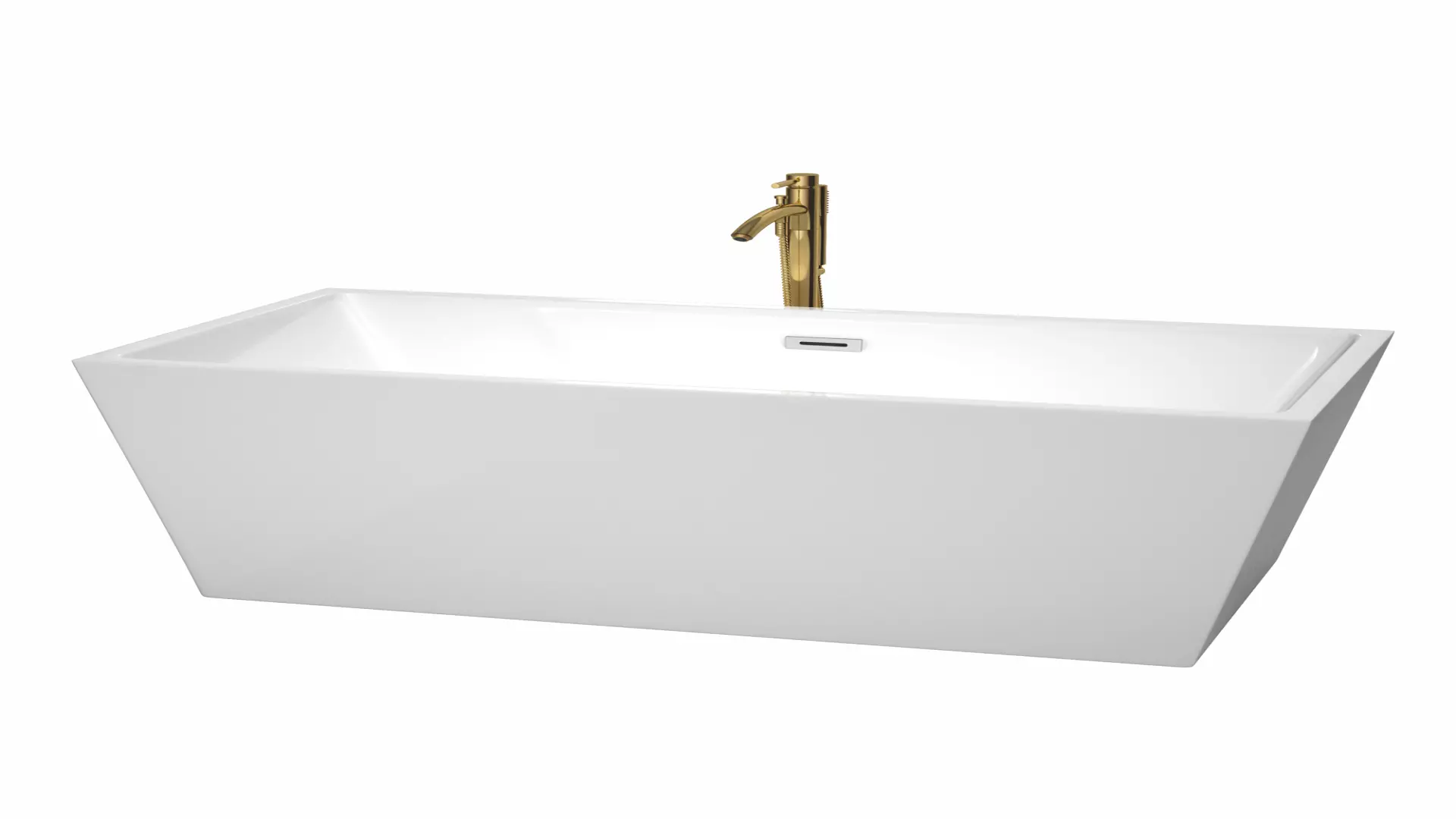 Sara 63 Inch Freestanding Bathtub in White with Polished Chrome Trim and Floor Mounted Faucet in Brushed Gold material
