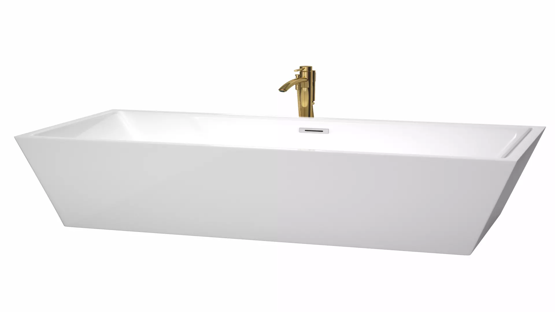 Sara 67 Inch Freestanding Bathtub in White with Polished Chrome Trim and Floor Mounted Faucet in Brushed Gold material