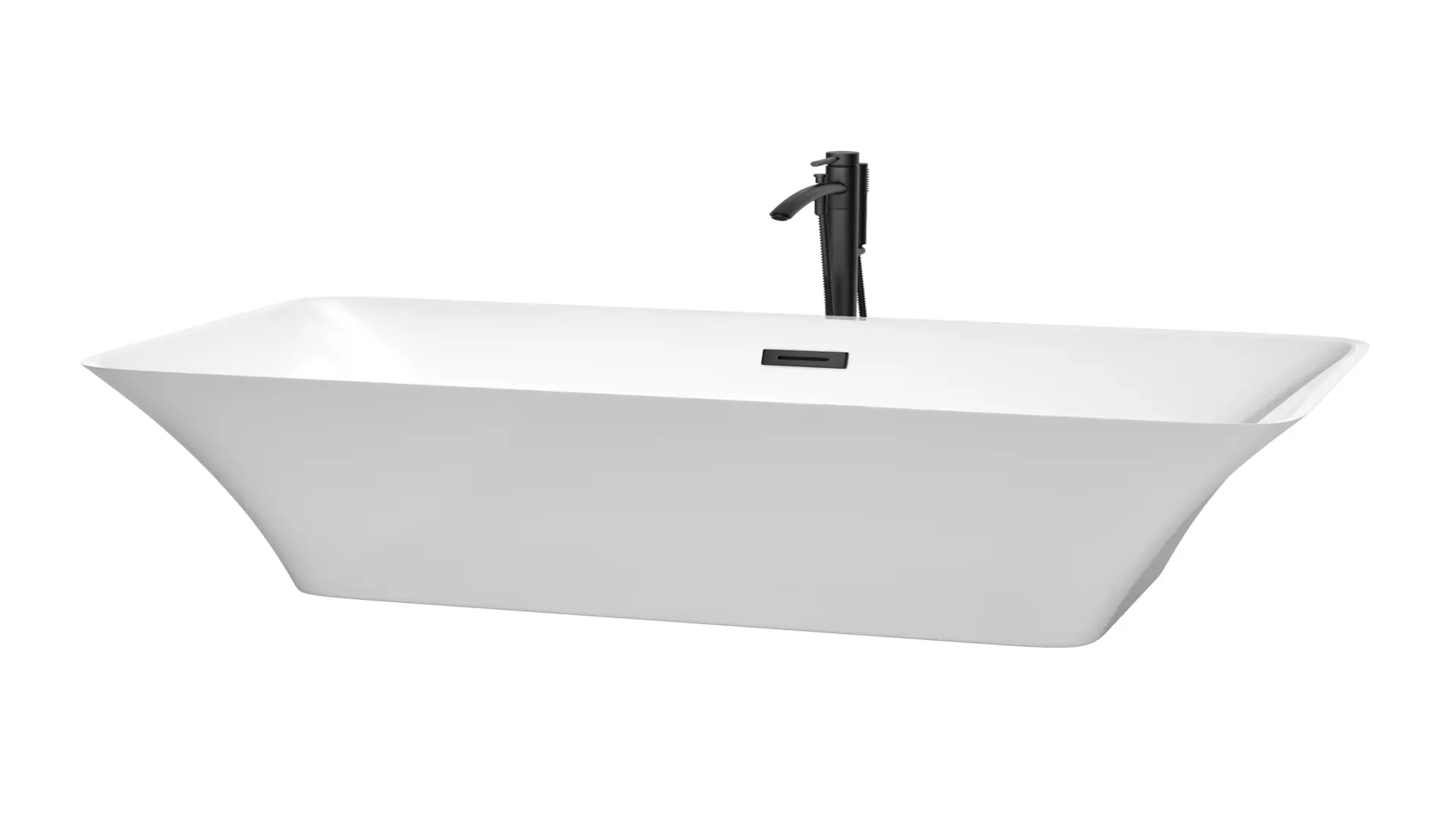 Tiffany 59 Inch Freestanding Bathtub in White with Floor Mounted Faucet, Drain and Overflow Trim in Matte Black material