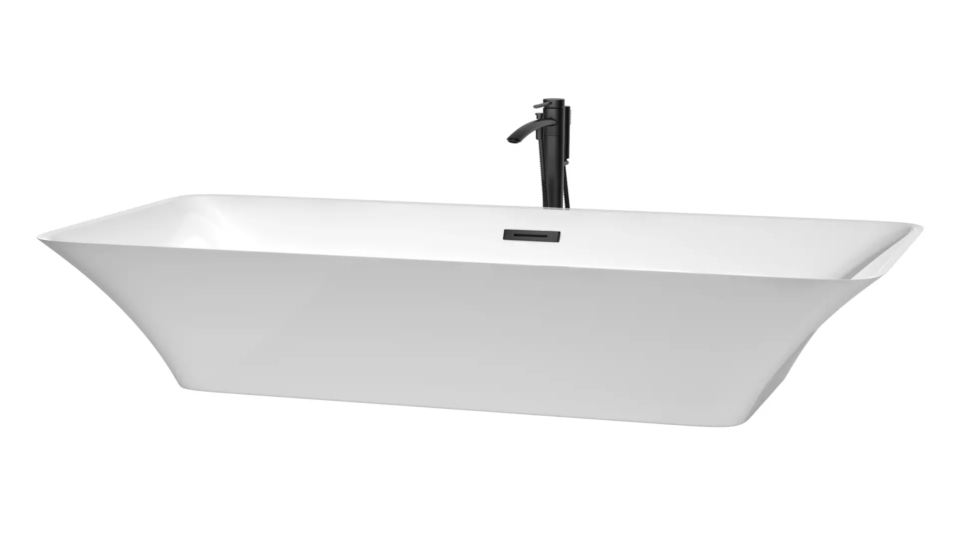 Tiffany 67 Inch Freestanding Bathtub in White with Floor Mounted Faucet, Drain and Overflow Trim in Matte Black material