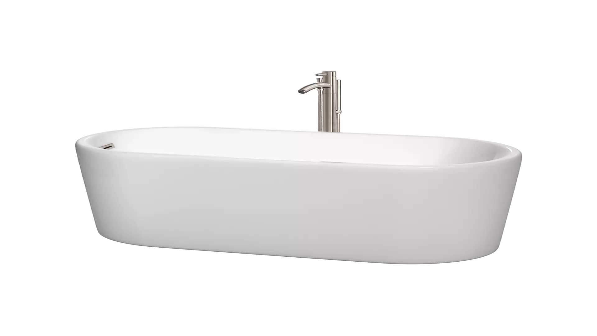 Ursula 59 Inch Freestanding Bathtub in White with Floor Mounted Faucet, Drain and Overflow Trim in Brushed Nickel material