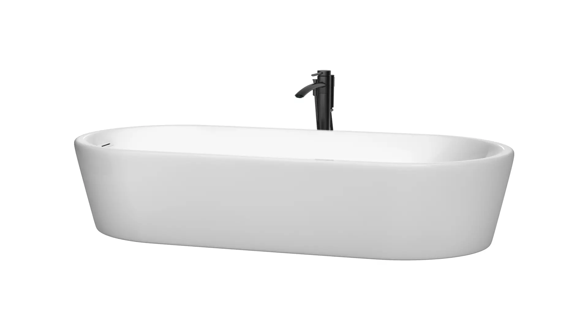 Ursula 59 Inch Freestanding Bathtub in White with Shiny White Trim and Floor Mounted Faucet in Matte Black material
