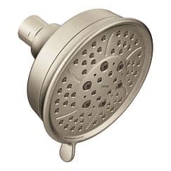 Brushed nickel four-function 4-3/8" diameter spray head eco-performance showerhead material