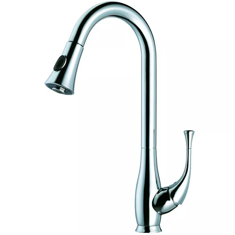 Single lever kitchen faucet with push button pull out spray, Chrome material