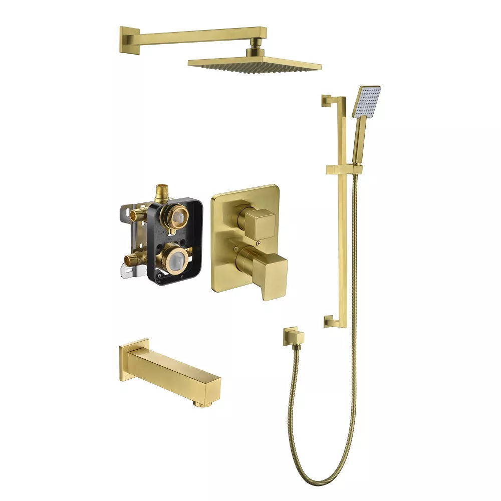 Biscayne 3-way Shower Combo Set Wall Mounted Showerhead with Slide bar handheld shower and tub spout, Matte Gold material