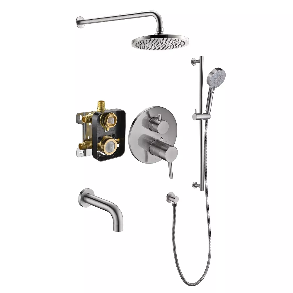 Joshua Tree 3-way Shower Combo Set Wall Mounted Showerhead with Slide bar handheld shower and tub spout, Brushed Nickel material