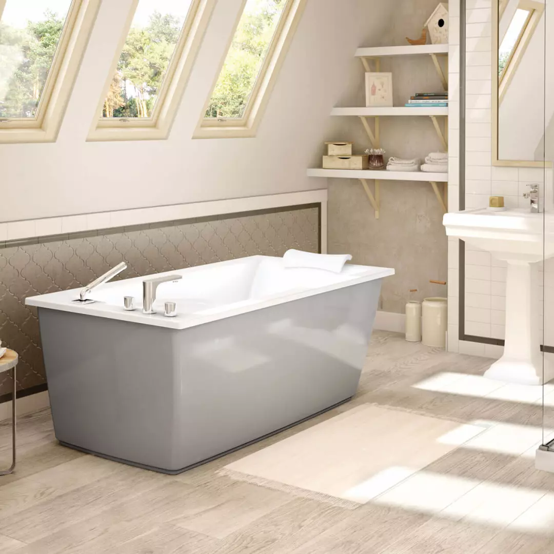 Optik 60 x 32 F Acrylic Freestanding End Drain Bathtub in White with Sterling Silver Skirt material