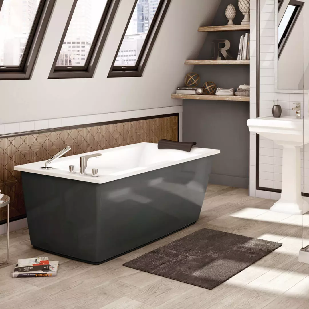 Optik 60 x 32 F Acrylic Freestanding End Drain Aerofeel Bathtub in White with Thunder Grey Skirt material