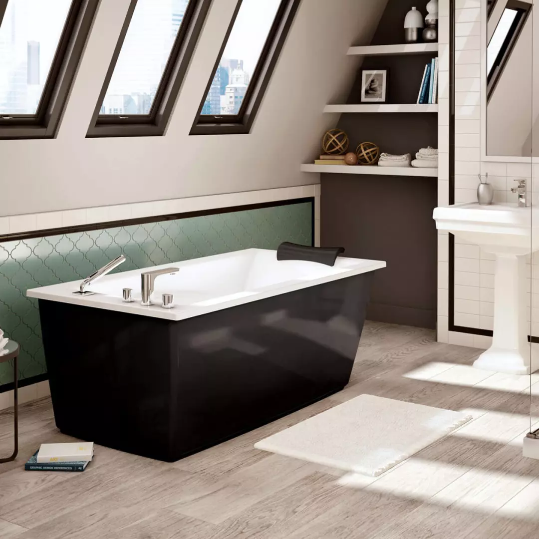 Optik 60 x 32 F Acrylic Freestanding End Drain Bathtub in White with Black Skirt material