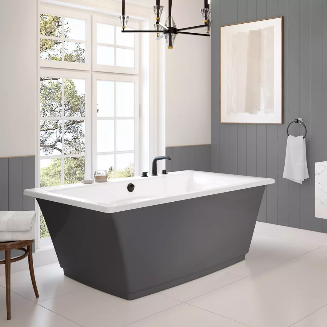 Optik 66 x 36 F Acrylic Freestanding Center Drain Bathtub in White with Thunder Grey Skirt material