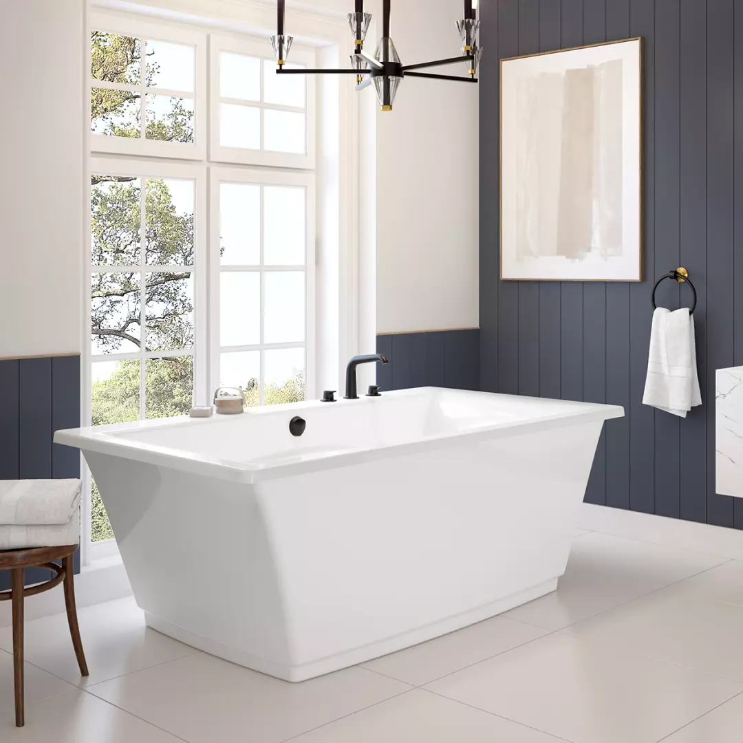 Optik 66 x 36 F Acrylic Freestanding Center Drain Bathtub in White with White Skirt material