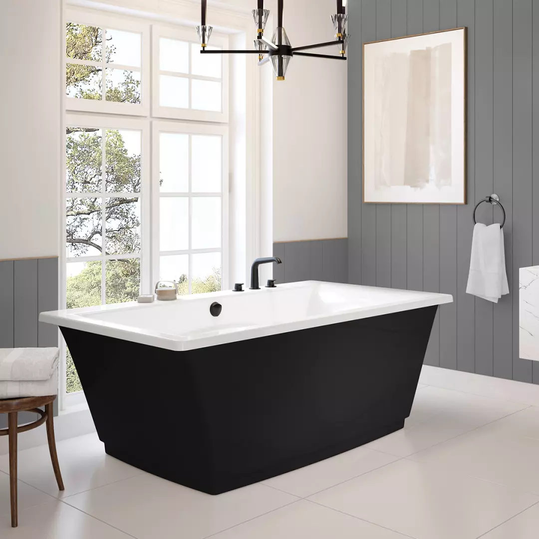 Optik 66 x 36 F Acrylic Freestanding Center Drain Aerofeel Bathtub in White with Black Skirt material