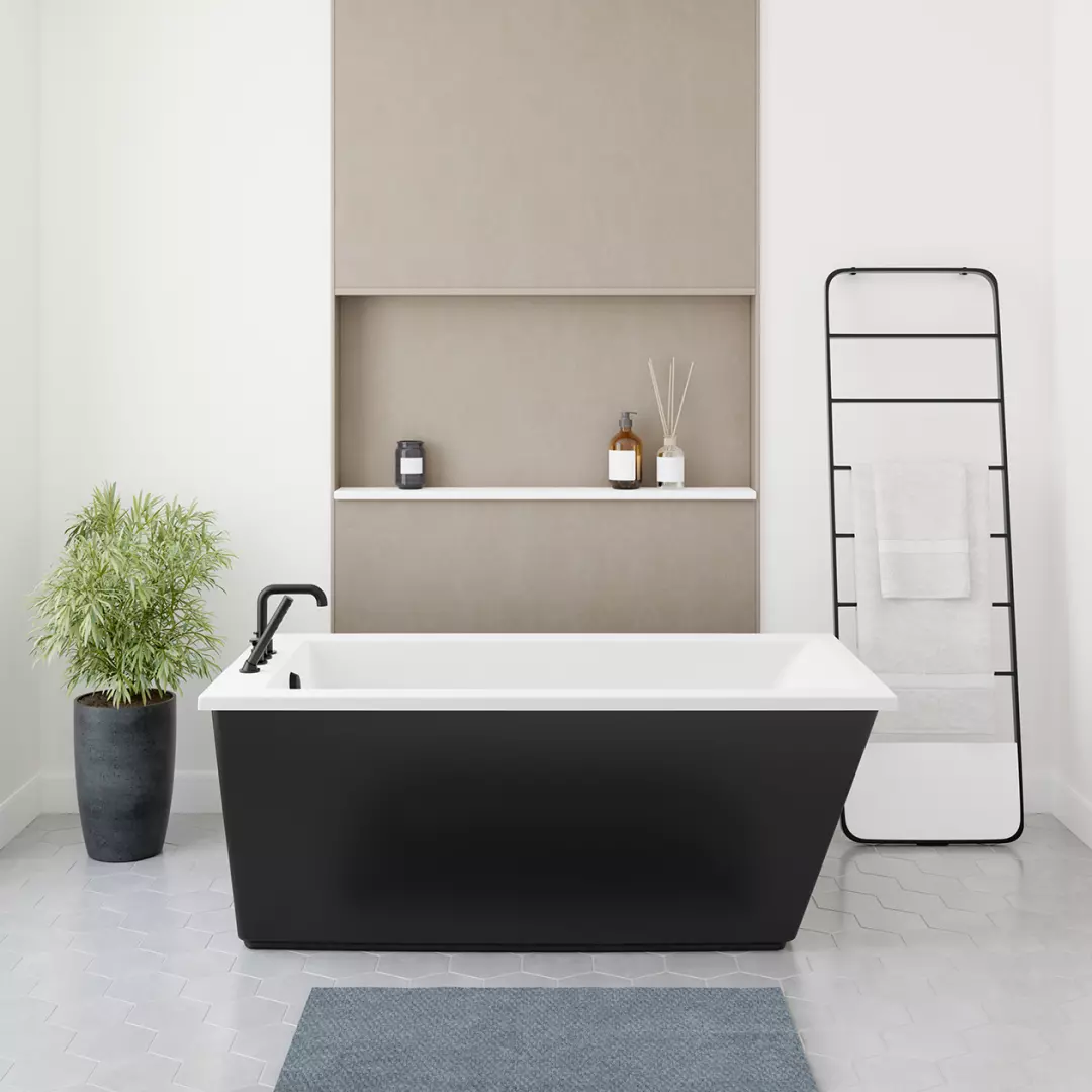 Elinor 60 x 32 AcrylX Freestanding End Drain Bathtub in White with Black Skirt material