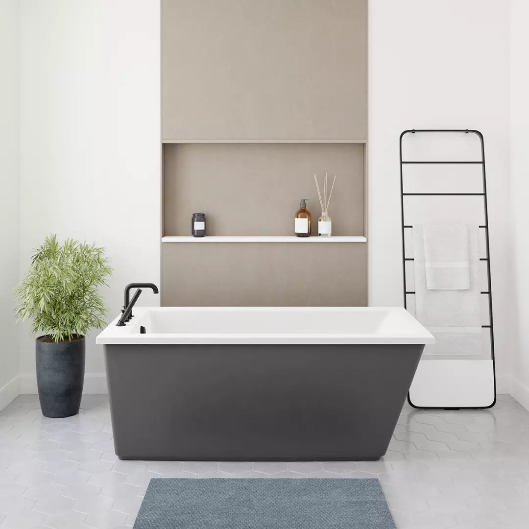 Elinor 60 x 32 AcrylX Freestanding End Drain Bathtub in White with Thundey Grey Skirt material