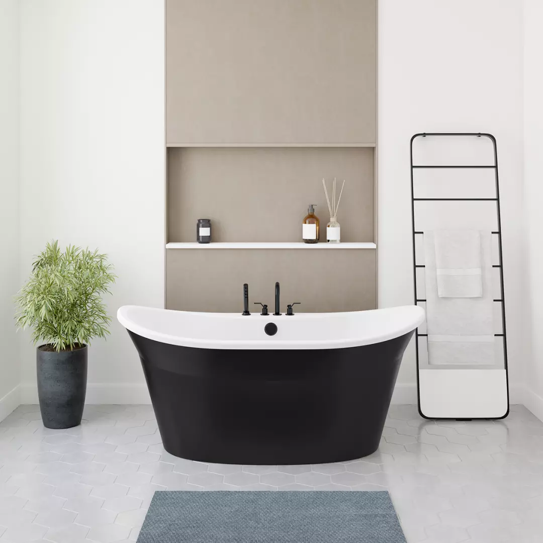 Orchestra 60 x 32 AcrylX Freestanding Center Drain Bathtub in White with Black Skirt material