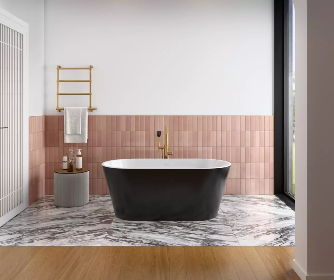 Chorale 60 x 30 Acrylic Freestanding Center Drain Bathtub in White with Black Skirt material