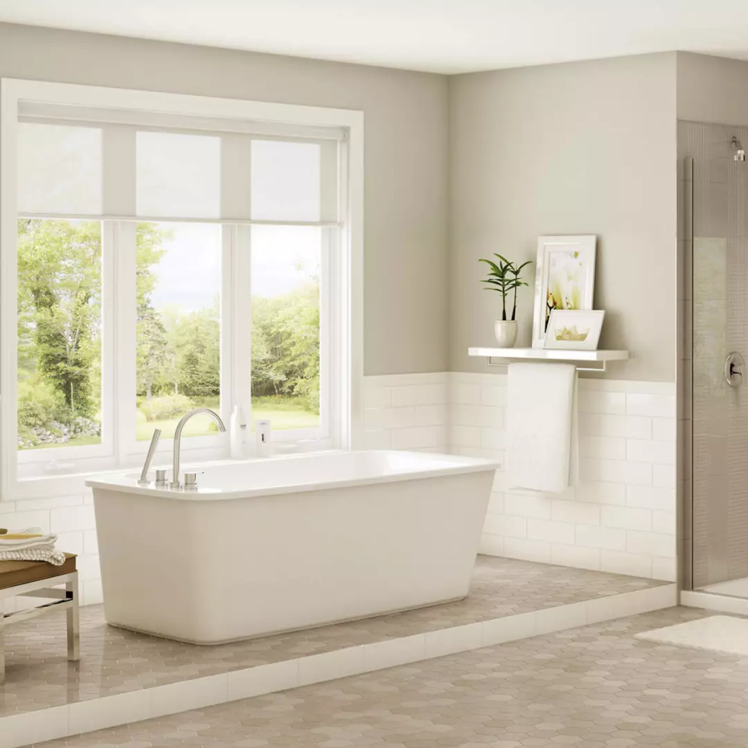 Lounge 64 x 34 Acrylic Freestanding End Drain Bathtub in White with White Skirt material