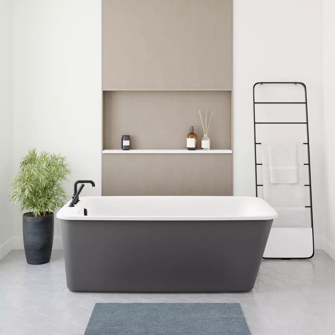 Lounge 64 x 34 Acrylic Freestanding End Drain Bathtub in White with Thundey Grey Skirt material