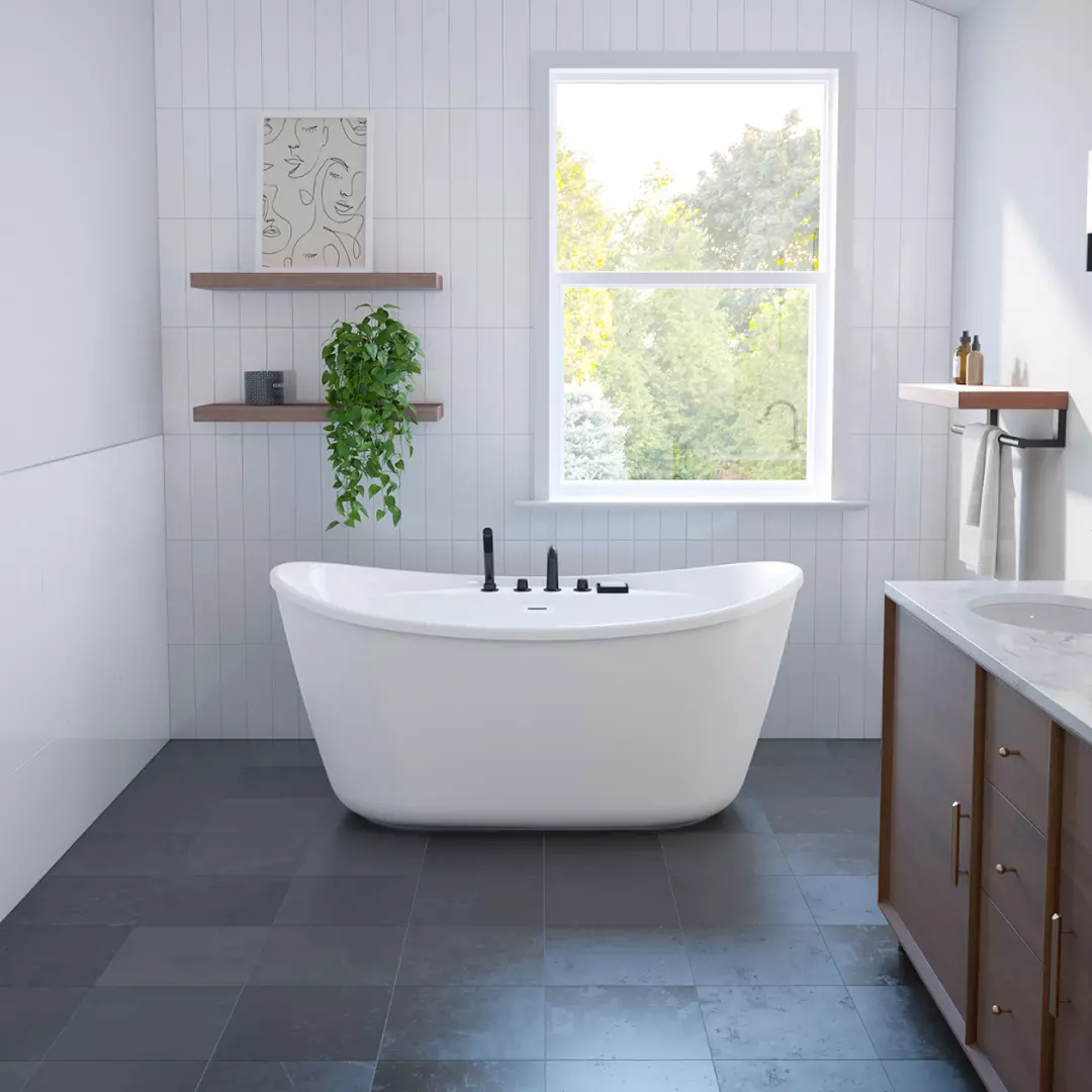 Sonoma 58 x 32 AcrylX Freestanding Center Drain Bathtub in White with White Skirt material