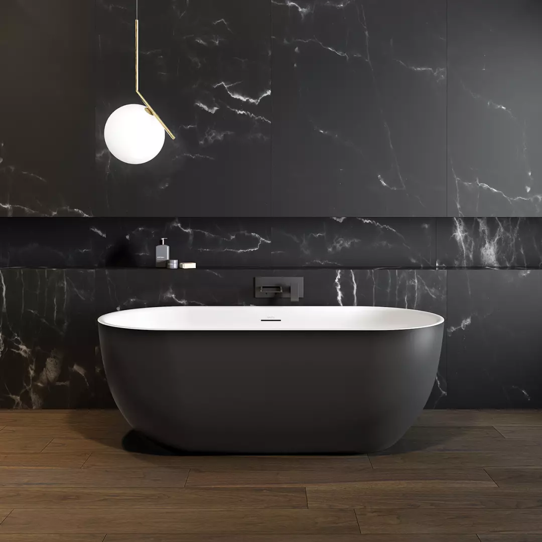 Tosca Matte 67 x 32 Acrylic Freestanding Center Drain Bathtub in Matte White with Matte Black Skirt material