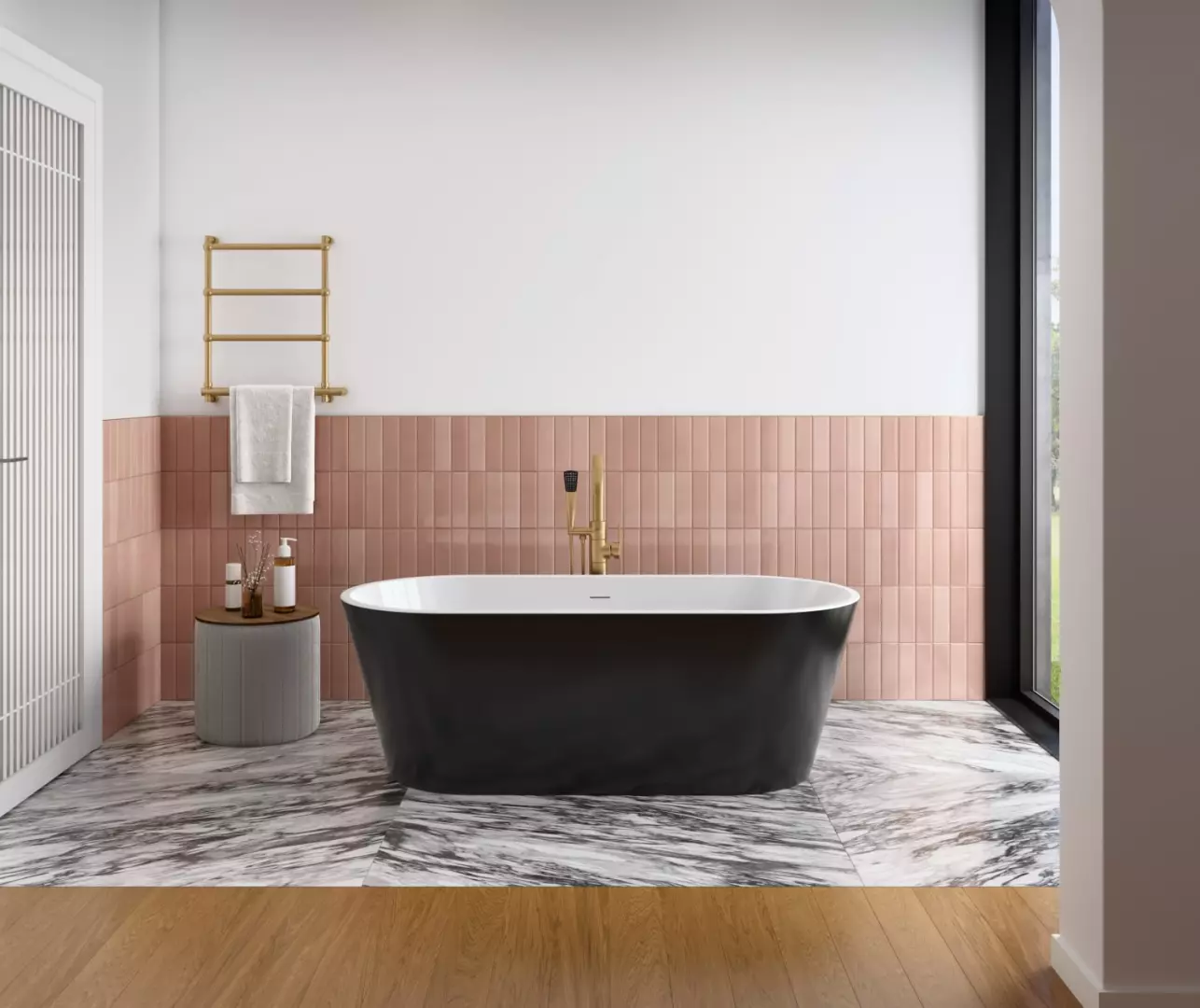 Chorale 67 x 31 Acrylic Freestanding Center Drain Bathtub in White with Black Skirt material