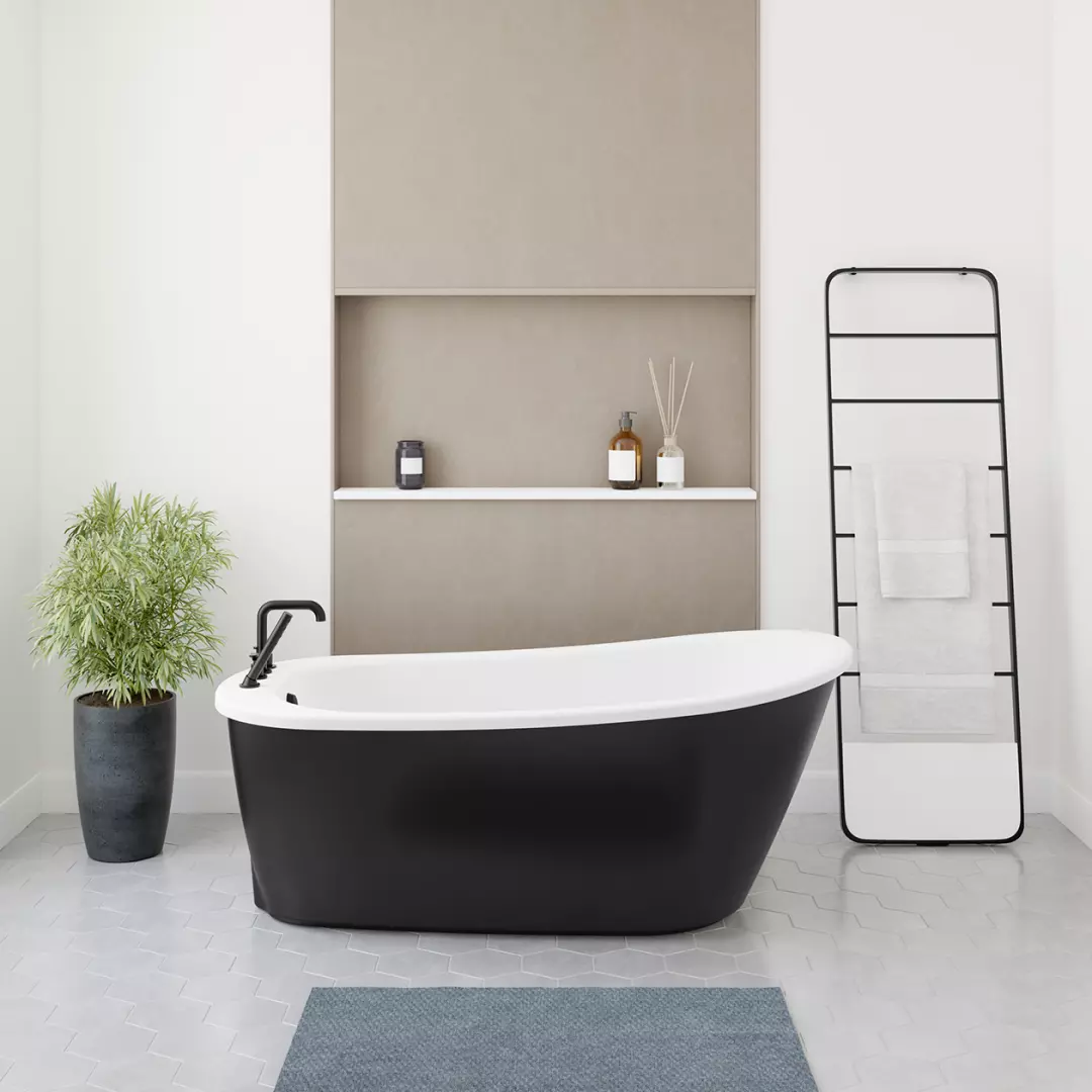 Sax 60 x 32 AcrylX Freestanding End Drain Bathtub in White with Black Skirt material