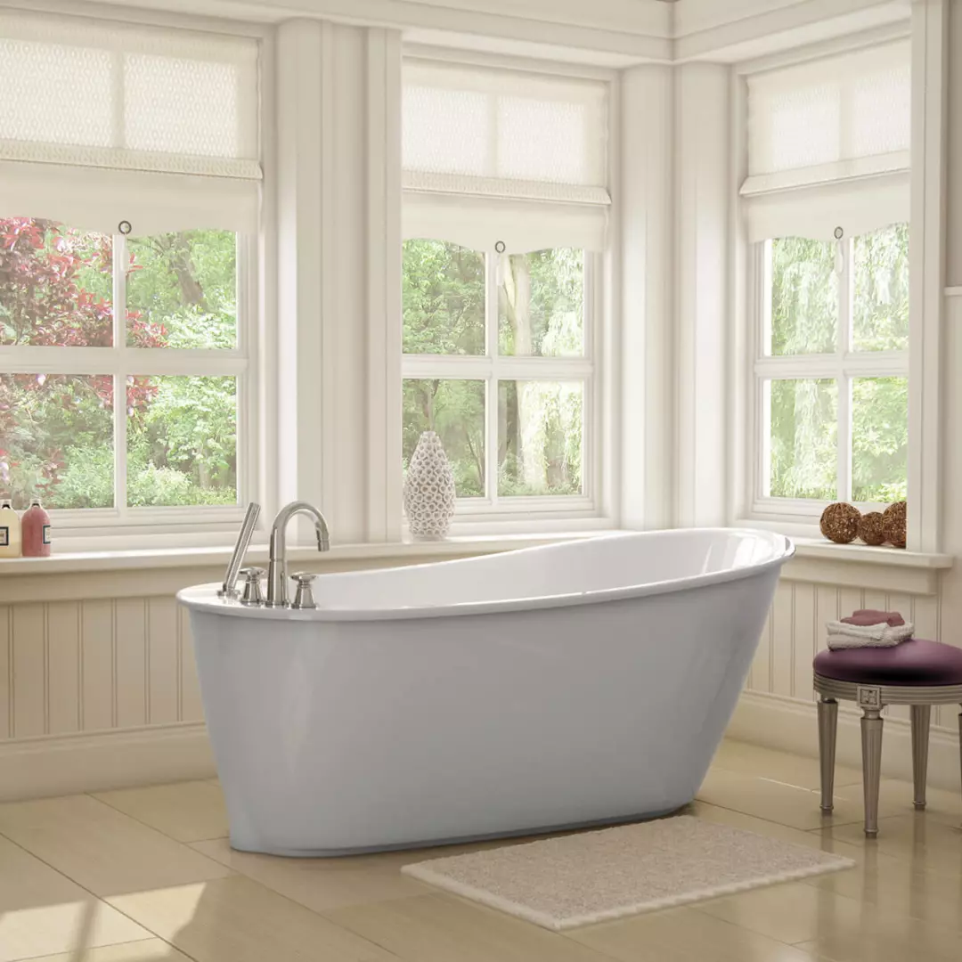 Sax 60 x 32 AcrylX Freestanding End Drain Bathtub in White with Sterling Silver Skirt material