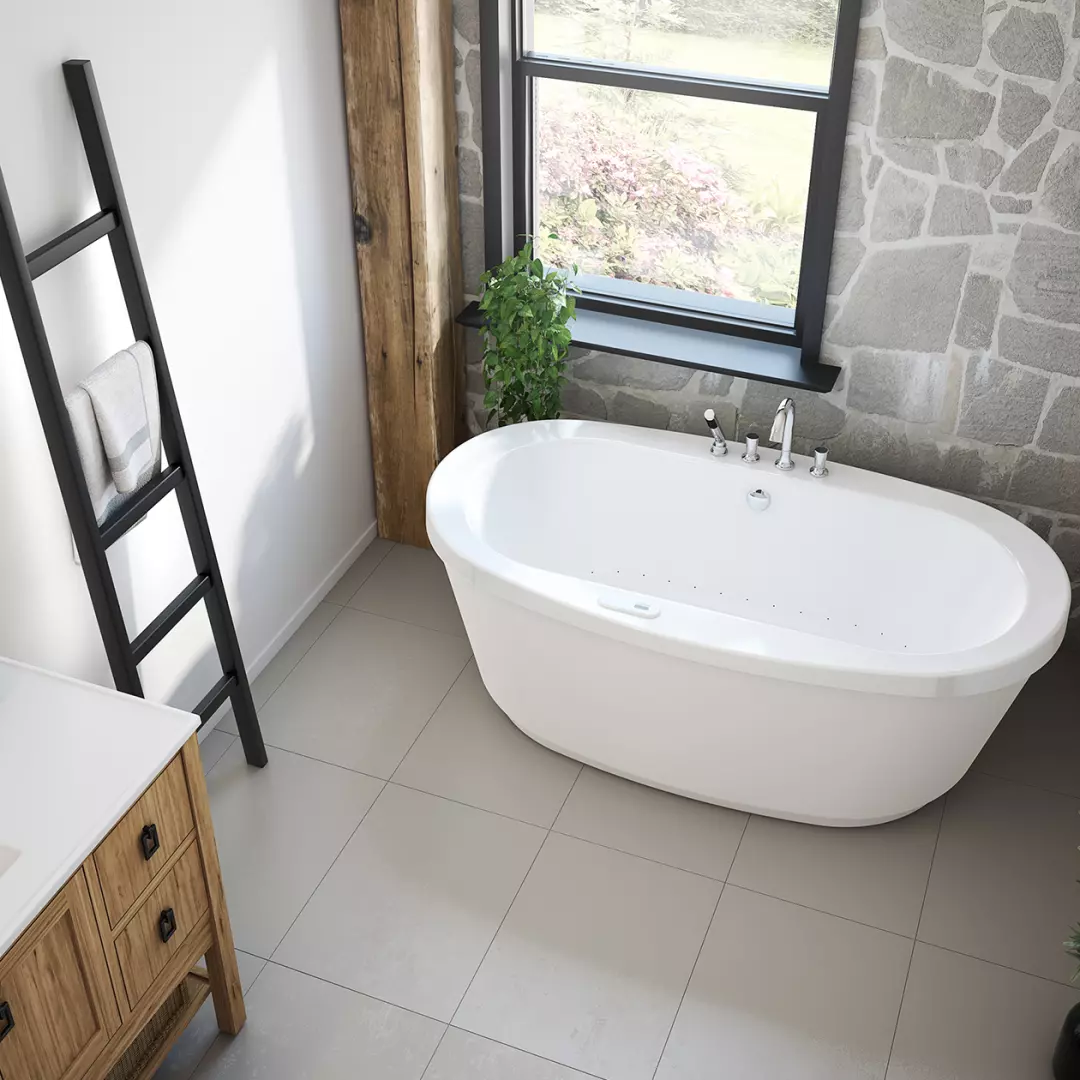 Jazz F 66 x 36 Acrylic Freestanding Center Drain Aerofeel Bathtub in White with White Skirt material