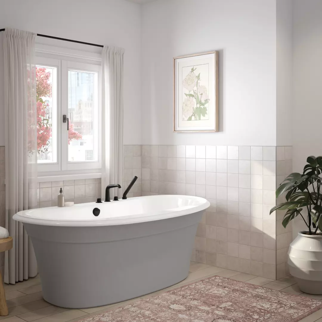 Ella Sleek 66 x 36 Acrylic Freestanding Center Drain Bathtub in White with Sterling Silver Skirt material