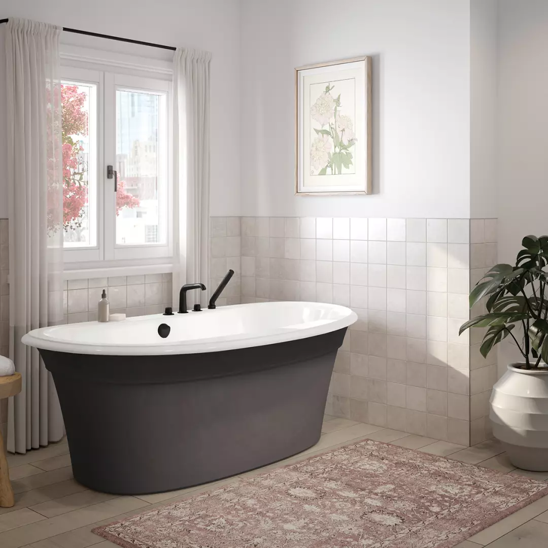 Ella Sleek 66 x 36 Acrylic Freestanding Center Drain Bathtub in White with Thunder Grey Skirt material