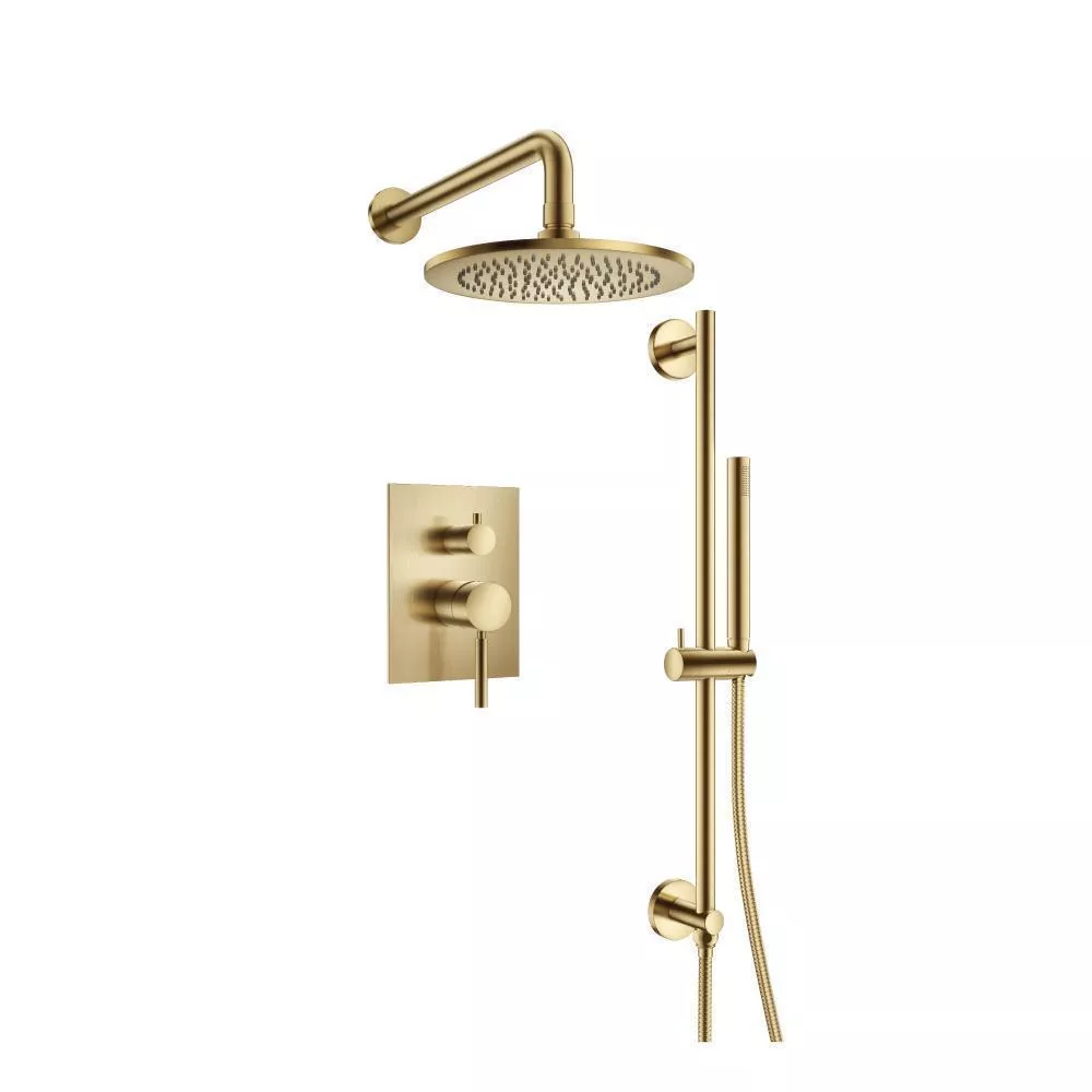 Satin Brass PVD Two Output Shower Set With Shower Head, Hand Held And Slide Bar material