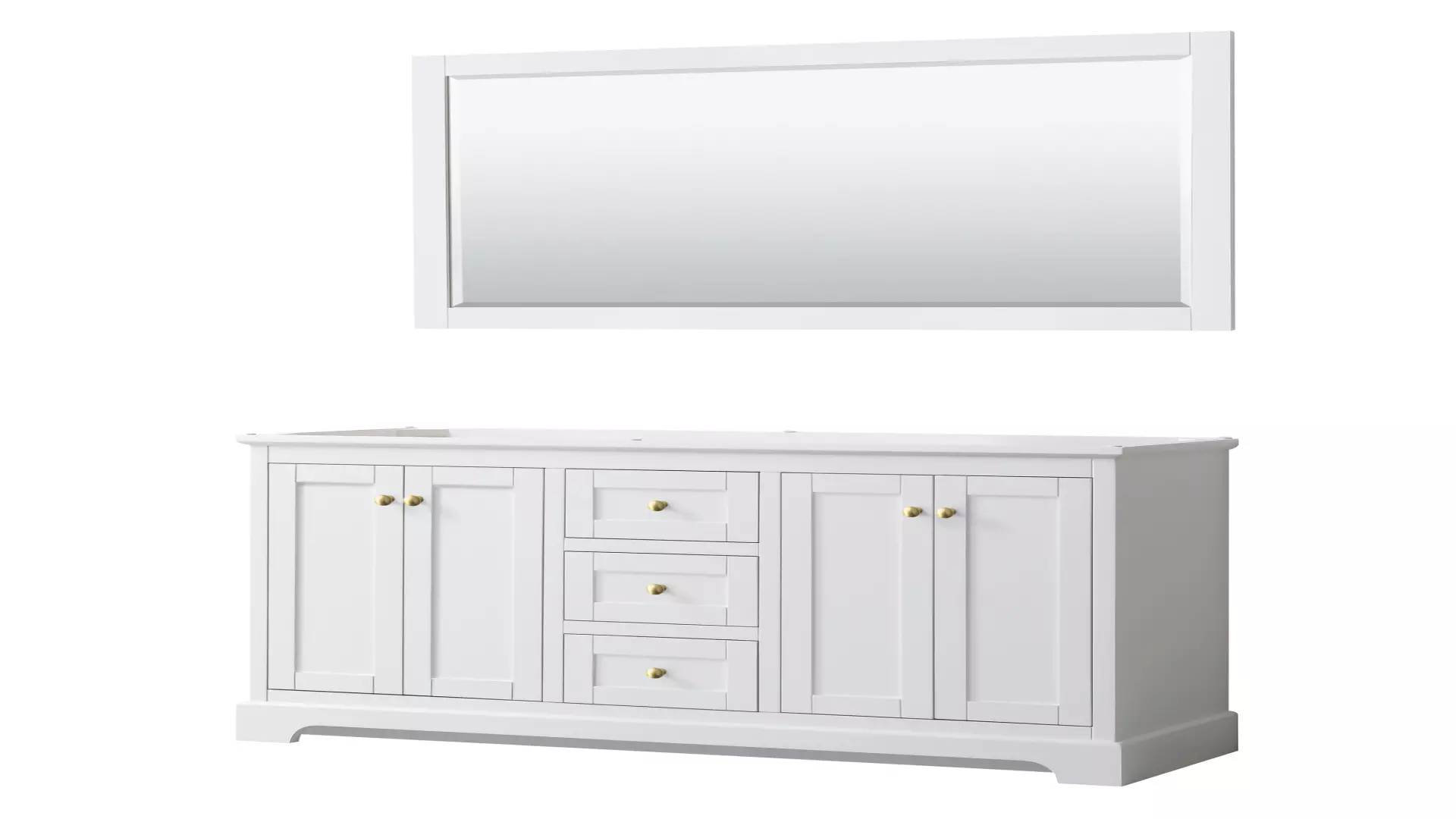 Avery 60 Inch Double Bathroom Vanity in White, No Countertop, No Sinks, 58 Inch Mirror, Brushed Gold Trim material