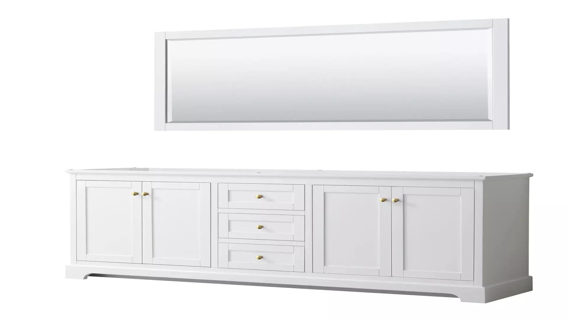 Avery 80 Inch Double Bathroom Vanity in White, No Countertop, No Sinks, 70 Inch Mirror, Brushed Gold Trim material