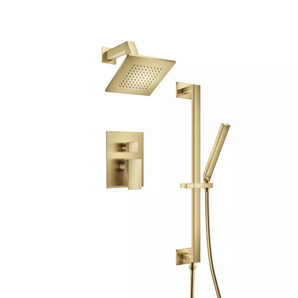 Satin Brass PVD Two Output Shower Set With Shower Head, Hand Held And Slide Bar material