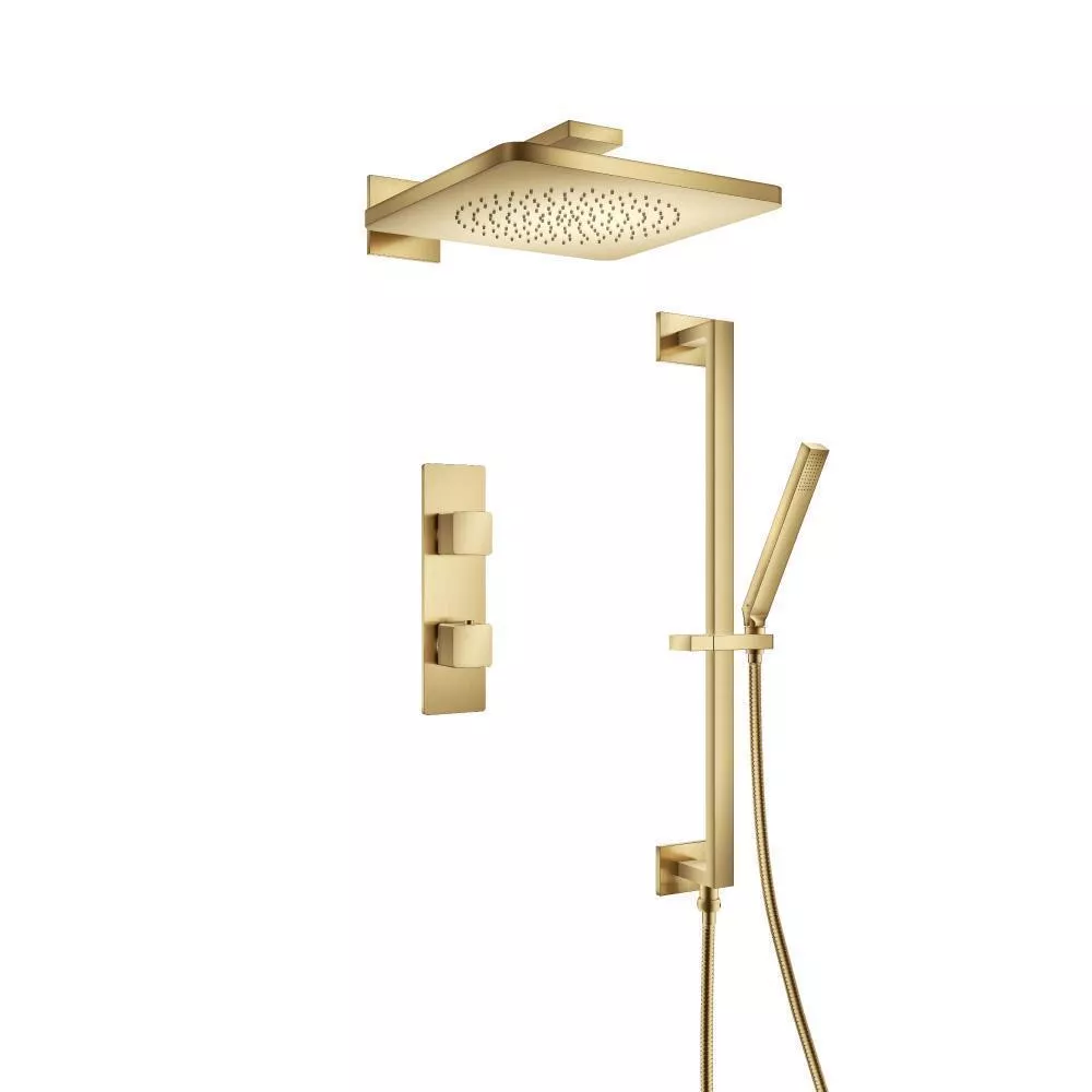 Satin Brass PVD Two Output Shower Set With Shower Head, Hand Held And Slide Bar material
