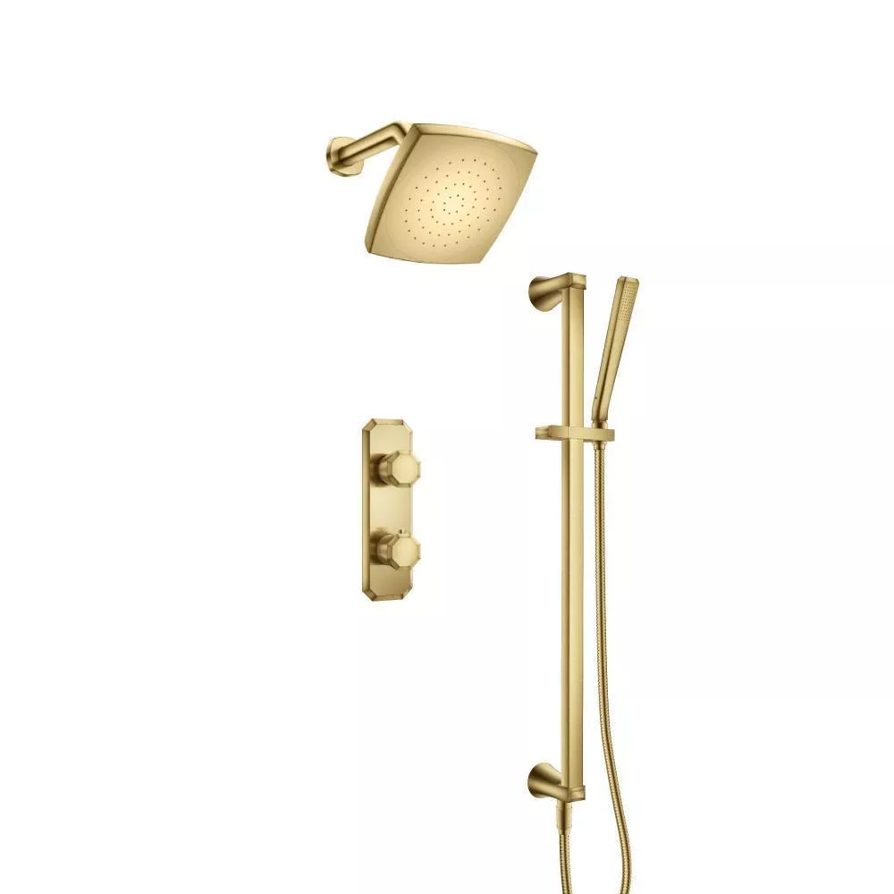 Satin Brass PVD Two Output Shower Set With Shower Head, Hand Held And Slide Bar material