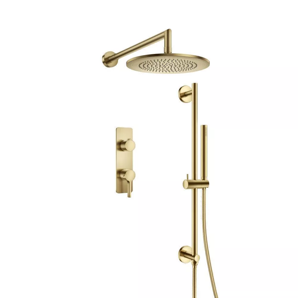 Satin Brass PVD Two Output Shower Set With Shower Head, Hand Held And Slide Bar material