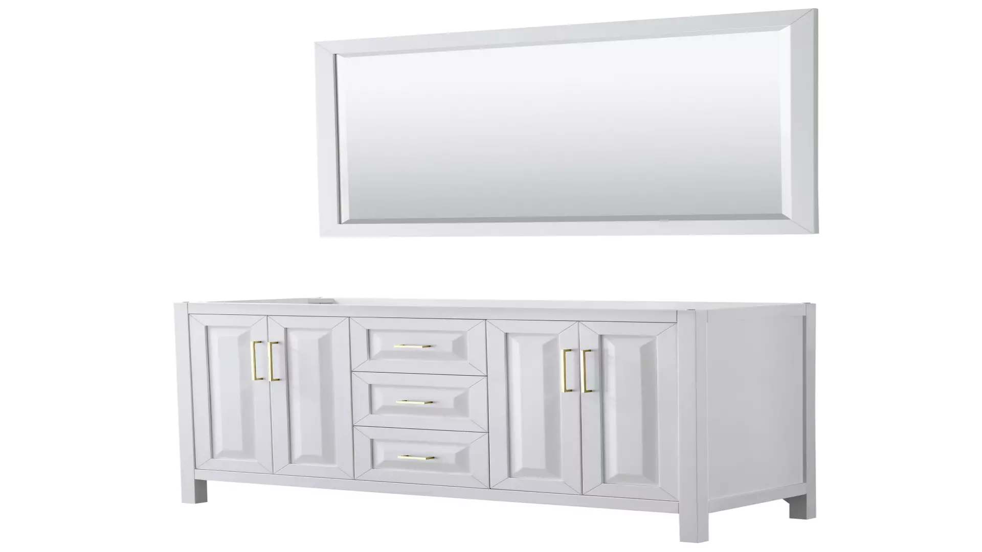 Daria 60 Inch Double Bathroom Vanity in White, No Countertop, No Sink, 58 Inch Mirror, Brushed Gold Trim material