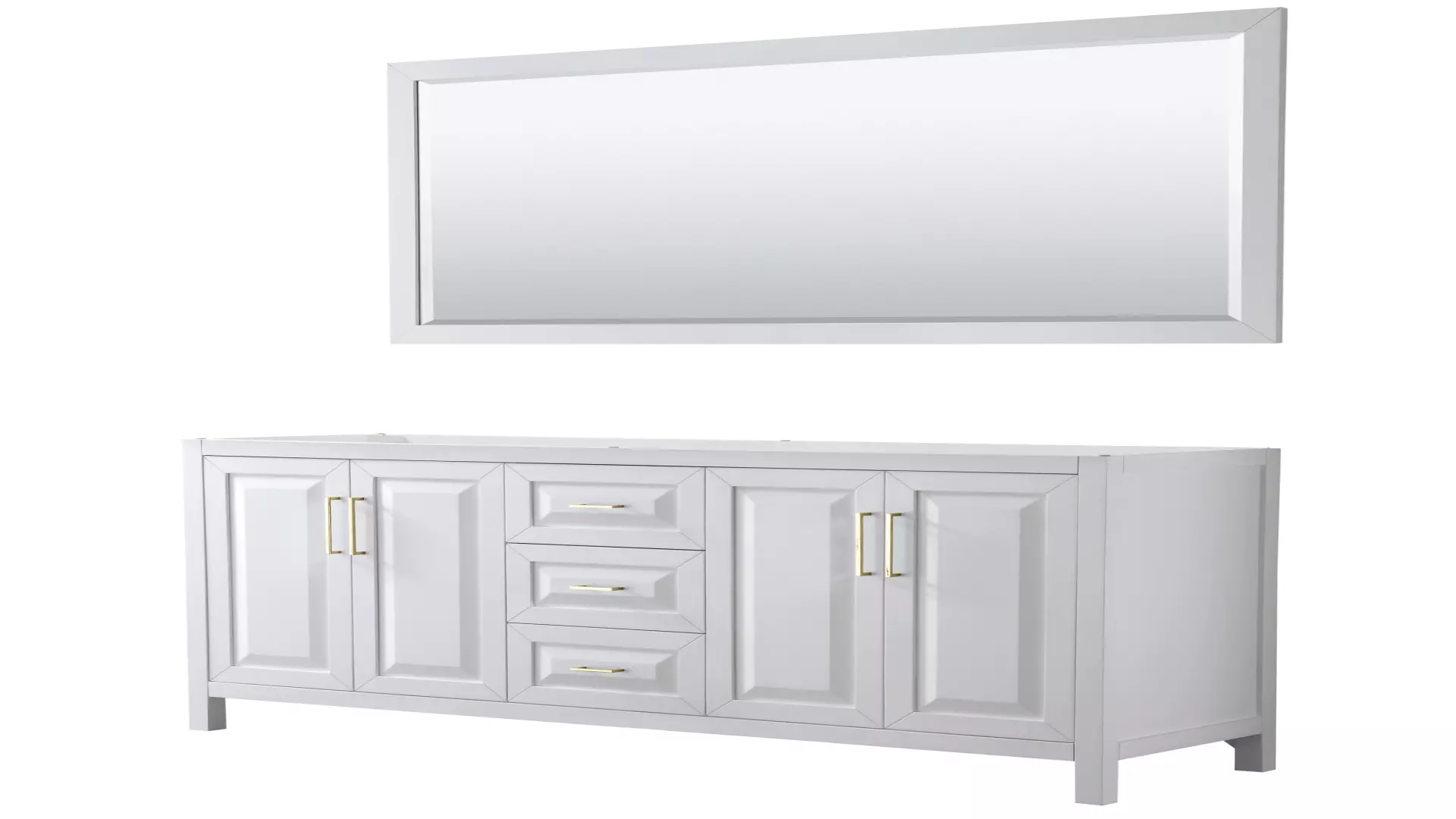 Daria 72 Inch Double Bathroom Vanity in White, No Countertop, No Sink, 70 Inch Mirror, Brushed Gold Trim material