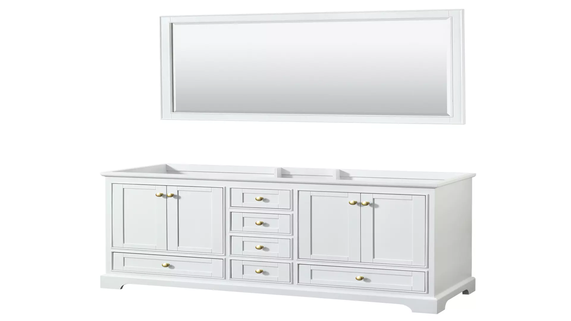 Deborah 60 Inch Double Bathroom Vanity in White, No Countertop, No Sinks, Brushed Gold Trim, 58 Inch Mirror material