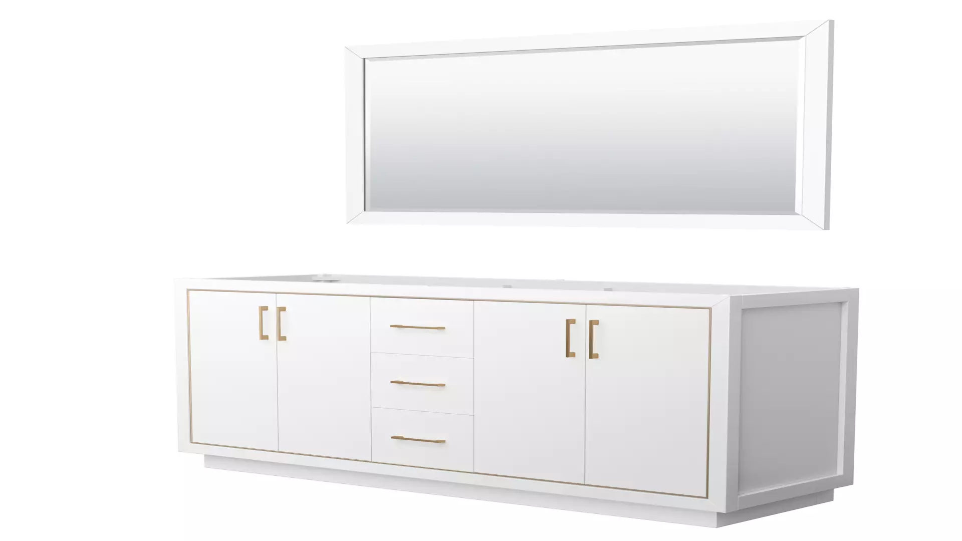 Icon 66 Inch Double Bathroom Vanity in White, No Countertop, No Sink, Satin Bronze Trim, 58 Inch Mirror material