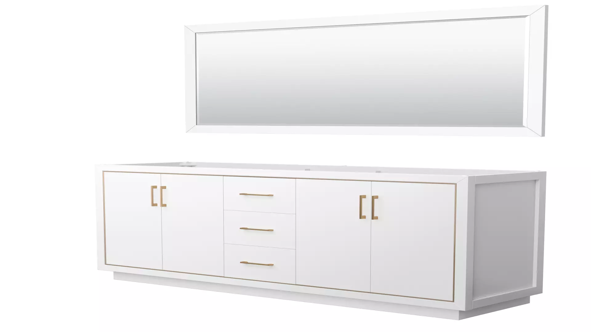 Icon 72 Inch Double Bathroom Vanity in White, No Countertop, No Sink, Satin Bronze Trim, 70 Inch Mirror material