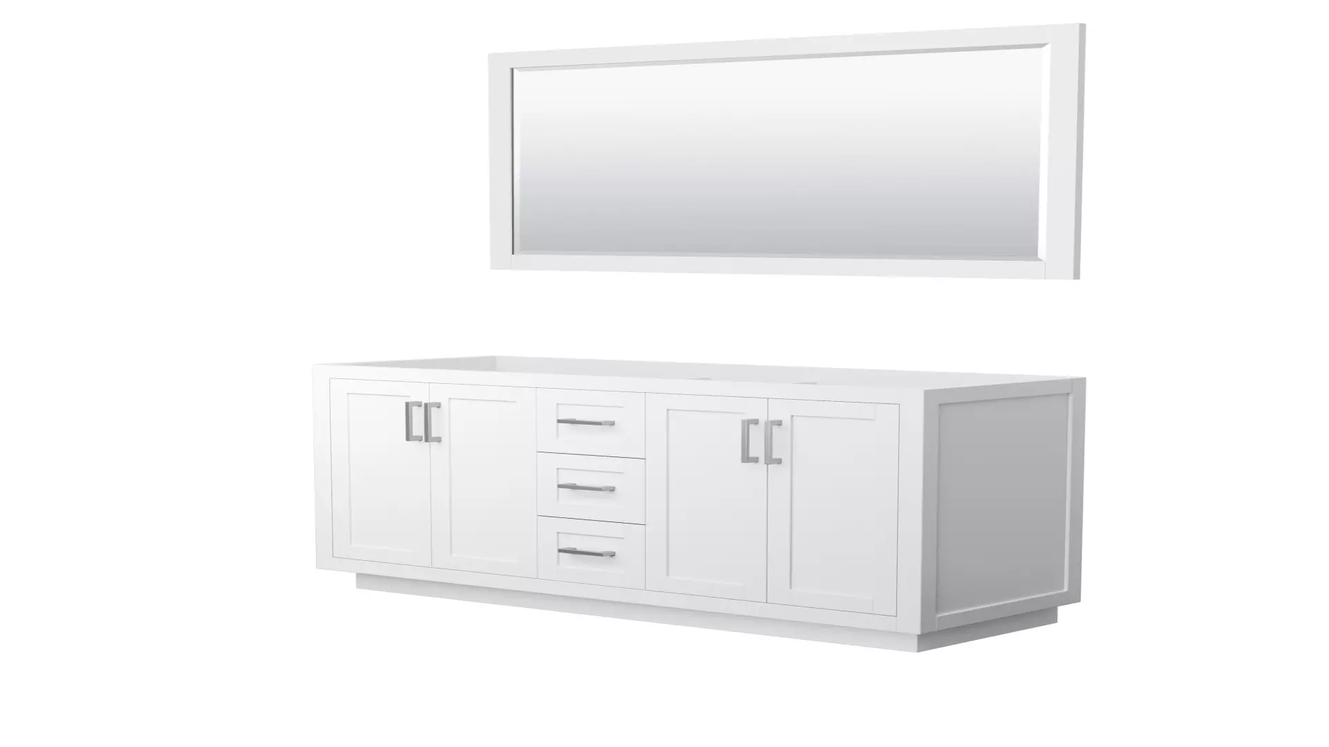 Miranda 60 Inch Double Bathroom Vanity in White, No Countertop, No Sink, Brushed Nickel Trim, 58 Inch Mirror material