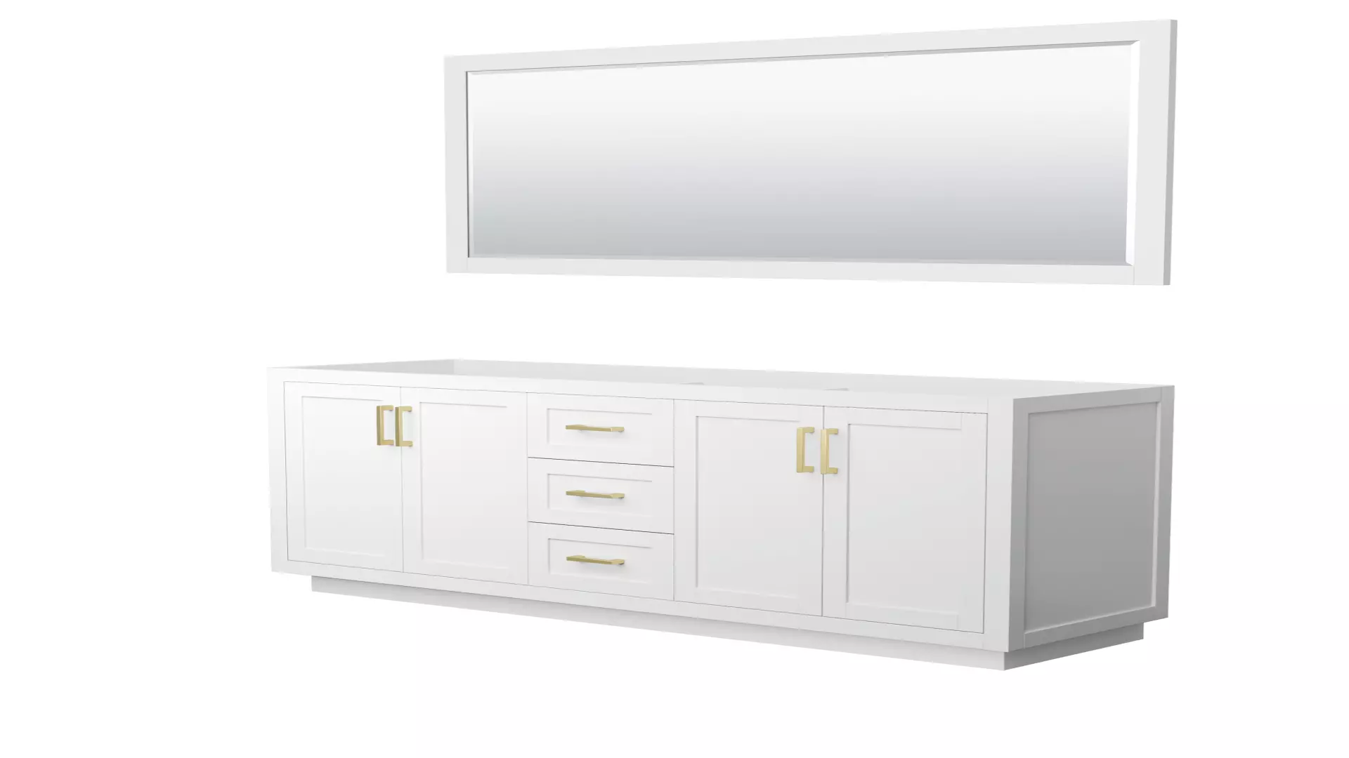 Miranda 72 Inch Double Bathroom Vanity in White, No Countertop, No Sink, Brushed Gold Trim, 70 Inch Mirror material