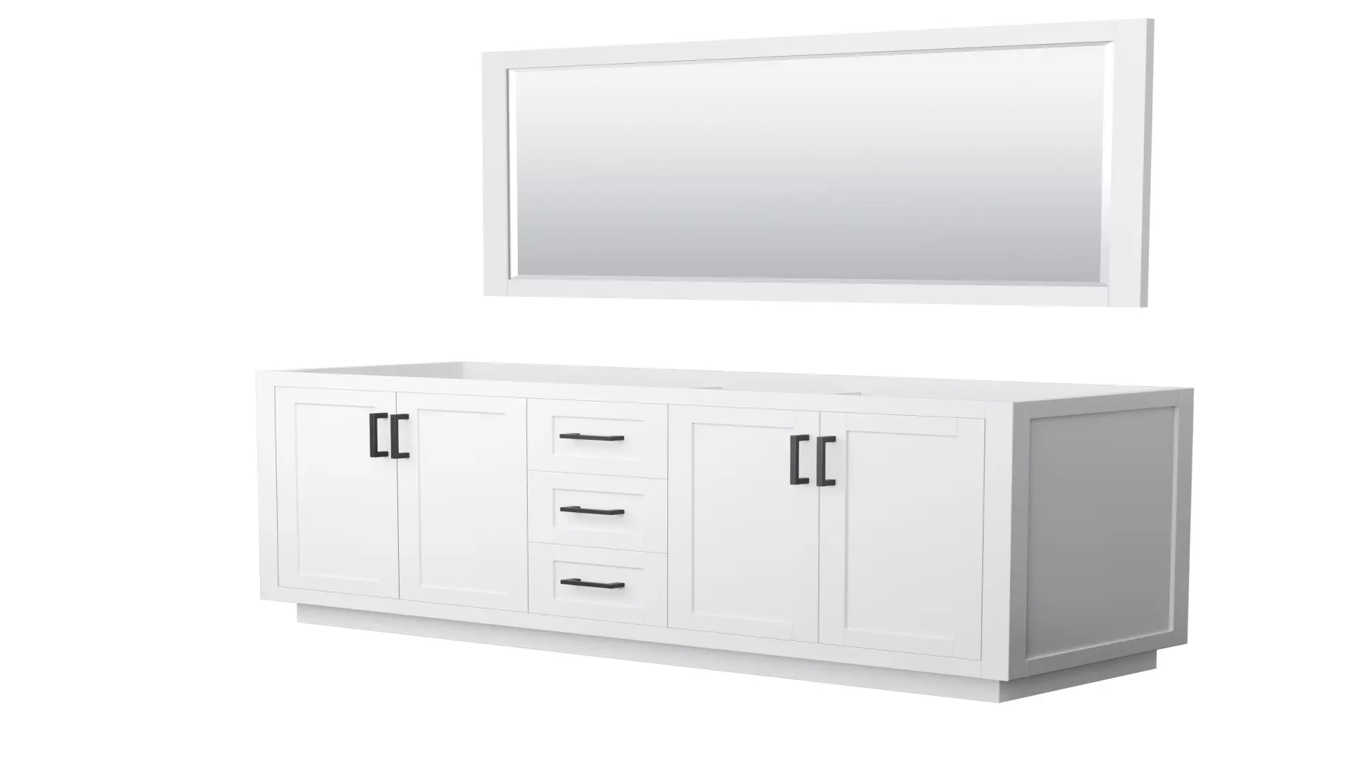 Miranda 66 Inch Double Bathroom Vanity in White, No Countertop, No Sink, Matte Black Trim, 58 Inch Mirror material